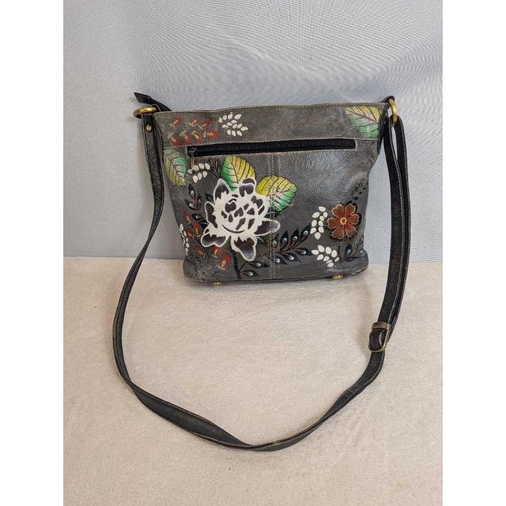 VTG Hand Painted Floral Leather Crossbody Bag Medium Artisan‎ Handbag Flower Art